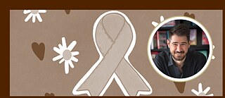 A breast cancer awareness ribbon, surrounded by white daisies and red hearts