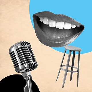 Eine Collage mit einem Mikrofon, einem Mund, und einem Stuhl