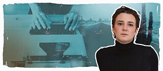 Portrait photo of Louise Kenn on a blue tinted background of a road with a cactus