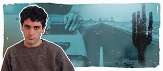 Portraitfoto von Mücahit Türk auf einem blau eingefärbten Hintergrund mit einer Straße und einem Kaktus