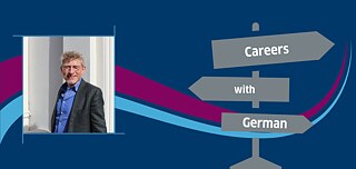 A horizontally split image: On the left, a dark blue background with two curved lines in magenta and light blue. A signpost with three arrows pointing to the right is labeled “Careers”, “with”, “German”. On the right, a portrait. of Christoph Weaver wearing a blue shirt and a black jacket , standing in front of a white building. 