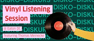 Deep turquoise background with lines "Disko Diskurs" and announcement of the vinyl listening session in pink