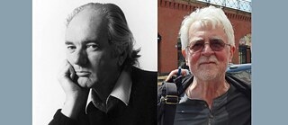 Links ein Schwarz-Weiß-Porträt von Thomas Bernhard, der mit schmollendem Blick in die Kamera schaut, das Kinn auf die Hand gestützt; rechts ein Farbporträt des lächelnden Krystian Lupa.