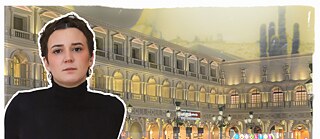 Portrait photo of Louise Kenn on a blue tinted background of a road with a cactus