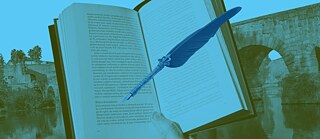 Una mano sostiene un libro abierto frente a un puente histórico de piedra; encima aparece una pluma decorativa como elemento gráfico.