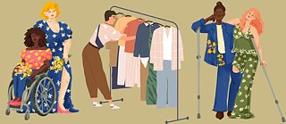 Three pairs of people stand side by side, showcasing fashion as if they were models. One woman is in a wheelchair, and another woman is using a crutch.
