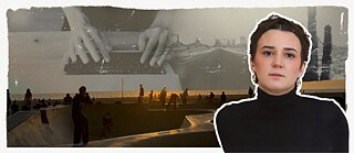 A portrait photo of Louise Kenn against a gray background with a sunset in the background.