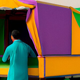 Ein Mensch steht mit dem Rücken zur Kamera und trägt einen türkisfarbenen Mantel. Er beugt sich leicht nach vorne und blickt in eine offene, kastenartige Struktur, die aus weichen, stoffartigen Materialien in kräftigen Farben wie Gelb, Lila, Grün und Orange besteht. Die Formen wirken gepolstert und leicht verzogen, fast wie ein kunstvolles, abstraktes Möbelstück oder eine Installation.