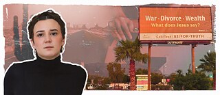 Portrait photo of Louise Kenn against a reddish background featuring a street and a billboard.