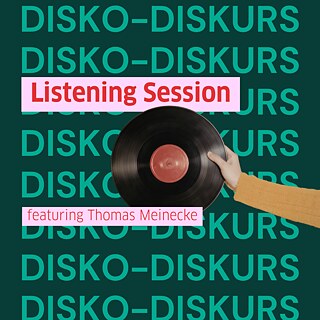 Deep turquoise background with lines "Disko Diskurs" and announcement of the vinyl listening session in pink