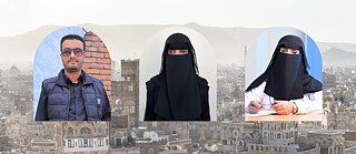 ثلاث صور شخصية أمام خلفية لمدينة. صور النساء على اليمين وفي الوسط لنساء يرتدين النقاب. صورة الرجل على اليسار لرجل يرتدي نظارة شمسية وله لحية.