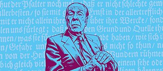Ilustración estilizada de Jorge Luis Borges con traje y corbata, vista de frente y con las manos entrelazadas. El fondo es azul y está cubierto de texto decorativo continuo.