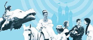 Eine Collage verschiedener Figuren aus deutschen Märchen- und Fantasyfilmen auf hellblauem Hintergrund mit hellblauen Halbringen.