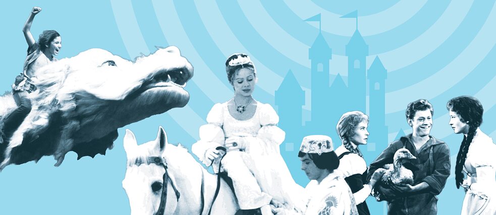 Eine Collage verschiedener Figuren aus deutschen Märchen- und Fantasyfilmen auf hellblauem Hintergrund mit hellblauen Halbringen.