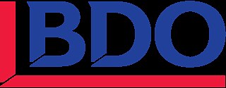 The logo for BDO, blue capital letters with a red border on the left and bottom