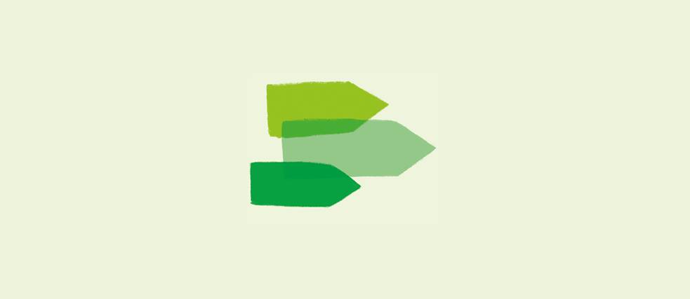Three overlapping right-pointing arrow shapes in shades of green, stacked vertically on a light cream background, forming a simplified directional or progress-style graphic.