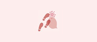 Abstract illustration of a hand interacting with a speech bubble while a small central node labeled ‘AI’ radiates connections above it, shown in soft red and pink tones on a light background, suggesting AI‑enabled communication or assistance.