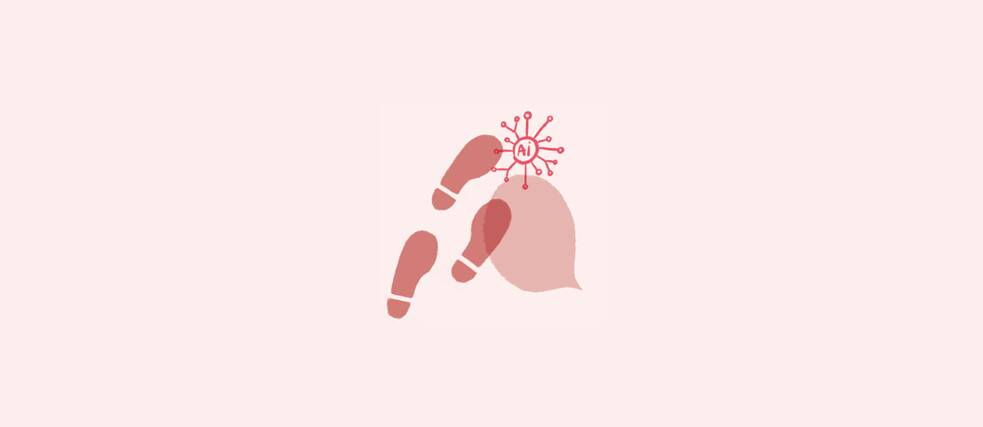 Abstract illustration of a hand interacting with a speech bubble while a small central node labeled ‘AI’ radiates connections above it, shown in soft red and pink tones on a light background, suggesting AI‑enabled communication or assistance.