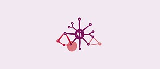 Abstract network graphic with a central circle labeled ‘AI,’ connected by lines to multiple small nodes in purple and red tones on a light pink background, suggesting interconnected systems or data relationships.