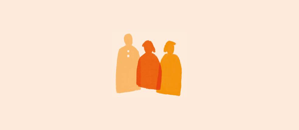 Three simplified human silhouettes standing side by side in warm orange and yellow tones on a light peach background, representing a small group or community.