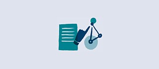 “Abstract illustration showing a document with text lines, a pointing hand, and a small connected node diagram in teal and blue tones on a light gray background, suggesting interaction between written content and structured data or technology.