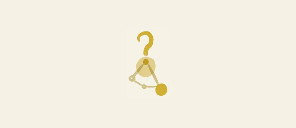 Minimal abstract illustration of a small node-and-connection diagram in yellow tones with a question mark above it on a light cream background, suggesting uncertainty, inquiry, or an open question related to structured data or systems.