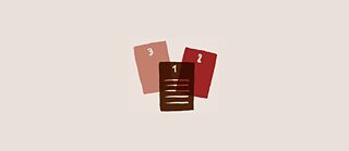Three overlapping rectangular cards in muted red and brown tones, labeled ‘1,’ ‘2,’ and ‘3,’ with the center card showing horizontal text lines on a light beige background, suggesting prioritized steps, ranking, or ordered information.