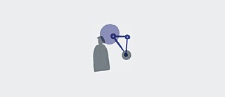 Abstract illustration of a simplified human figure in gray facing a small connected node diagram in blue tones on a light gray background, suggesting a relationship between people and structured data or technology.