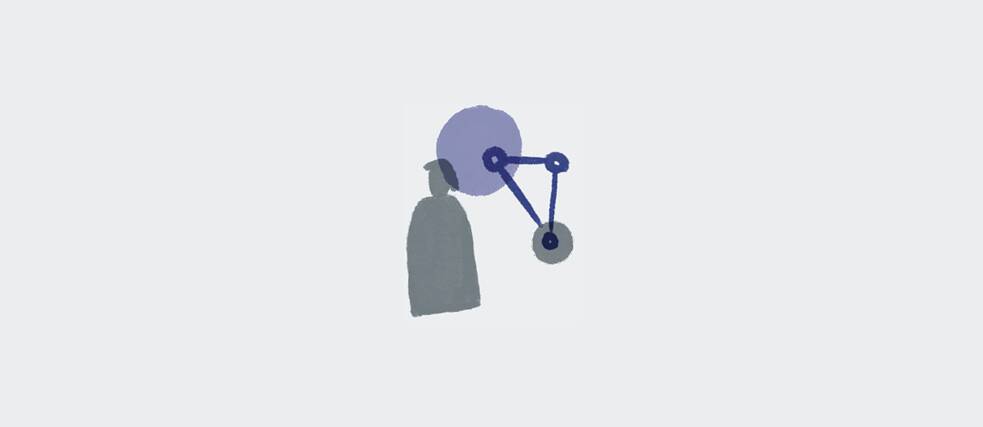Abstract illustration of a simplified human figure in gray facing a small connected node diagram in blue tones on a light gray background, suggesting a relationship between people and structured data or technology.