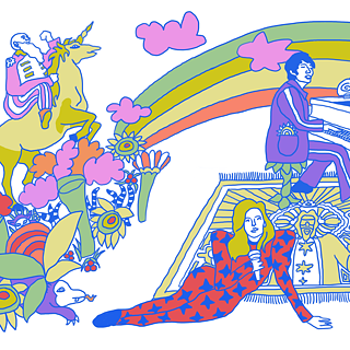 Bunte Grafik mit Musikern, Klavier, Blumen und Einhorn
