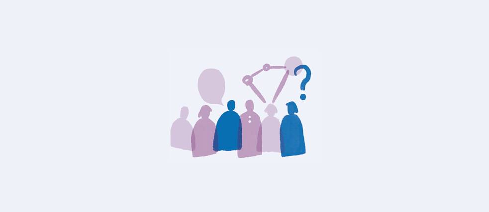 Abstract illustration of a small group of simplified human silhouettes in blue and purple tones, with a connected node diagram and a question mark above them on a light gray background, suggesting collective inquiry, discussion, or shared uncertainty in a group context