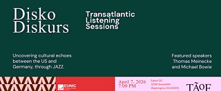 Event graphic in The Art of Freedom design for “Disko-Diskurs: Transatlantic Listening Sessions,” featuring the date, location, speakers, and a photo of Michael Bowie speaking into a microphone.