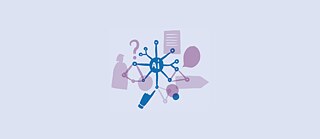Illustration of a central blue “AI” node connected by lines to multiple icons, including human silhouettes, a question mark, a document, a pen, and abstract shapes, shown in blue and purple tones on a light background.