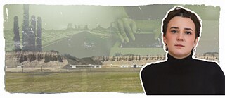 Portraitfoto von Louise Kenn auf einem grün eingefärbten Hintergrund mit Bergen und einem Kaktus.