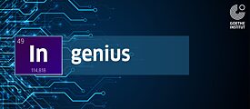 Графика със син електронен платков мотив, думата „Ingenius“ като химичен елемент и логото на Гьоте-институт на тъмен фон.