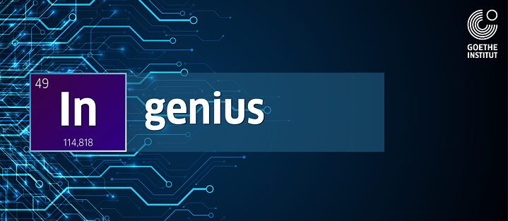 Графика със син електронен платков мотив, думата „Ingenius“ като химичен елемент и логото на Гьоте-институт на тъмен фон.