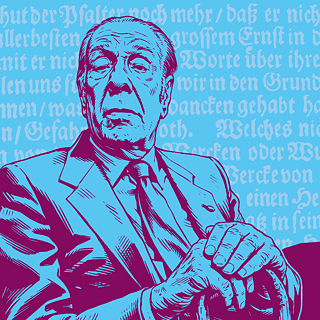 Ilustración estilizada de Jorge Luis Borges con traje y corbata, vista de frente y con las manos entrelazadas. El fondo es azul y está cubierto de texto decorativo continuo.