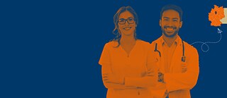 Dos profesionales de la salud con los brazos cruzados frente a un fondo azul; a la derecha, un mapa estilizado de Alemania con marcador de ubicación.