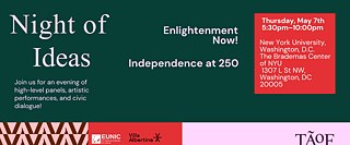Wide event graphic in The Art of Freedom design for Night of Ideas: Enlightenment Now! Independence at 250. The graphic includes the event date, time, and location, along with a brief note about panels, artistic performances, and civic dialogue. The EUNIC and TAoF logos appear at the bottom.
