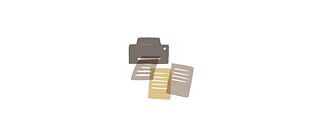 Illustration of a printer with three sheets of paper coming out, shown in muted gray, beige, and yellow tones on a white background.