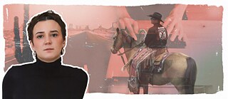 Porträtfoto von Louise Kenn vor einem bläulich getönten Hintergrund mit einem Turm im Hintergrund. 