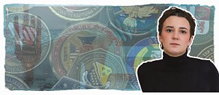 Portrait photo of Louise Kenn against a blue background with emblems.