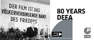 Photo of the First German Film Authors' Congress On June 6, [1947] and the text "80 YEARS DEFA" and "Free Streaming of German Movies"