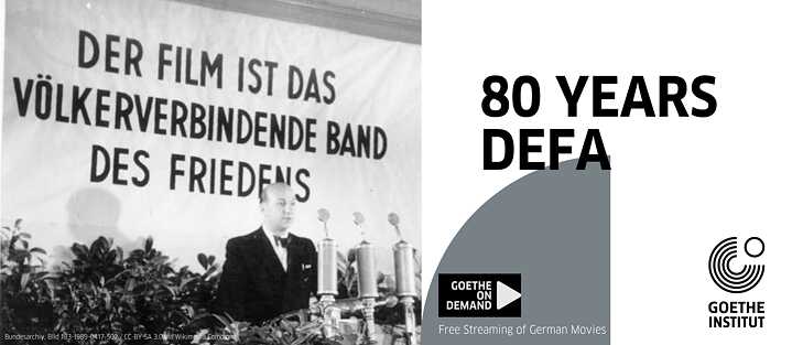 Photo of the First German Film Authors' Congress On June 6, [1947] and the text "80 YEARS DEFA" and "Free Streaming of German Movies"
