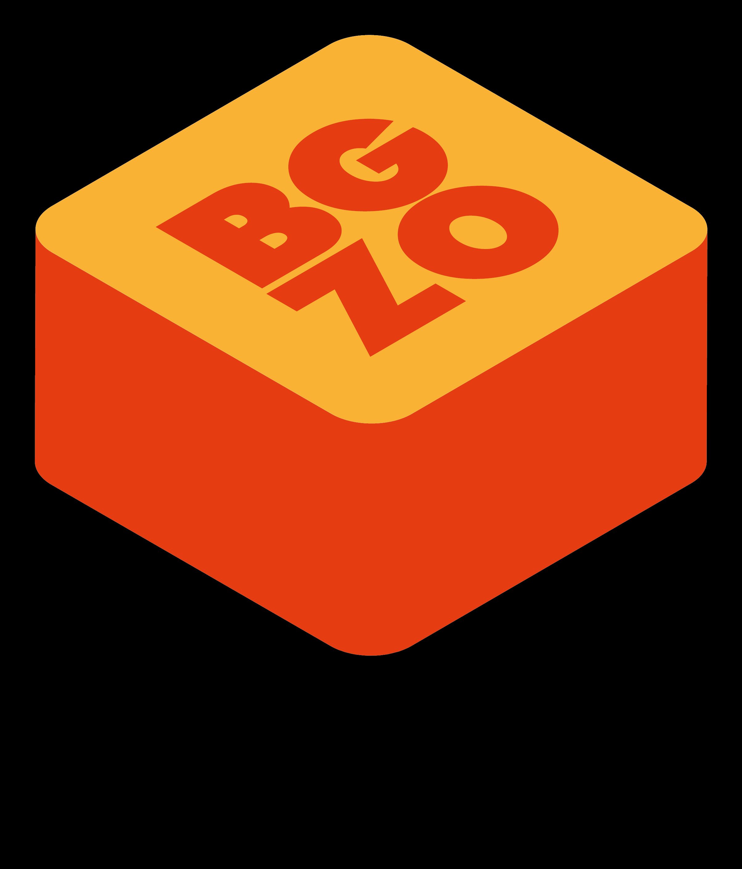 Logo do BGZO - Board Games Zona Oeste SP, um cubo tridimensional laranja com os escritos "BGZO" na face superior, e o nome "Board Games Zona Oste SP" em preto abaixo do cubo.