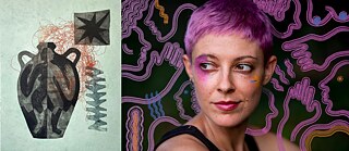 Portrait of Rose Jaffe with purple hair next to an abstract print featuring a vessel shape and organic lines.