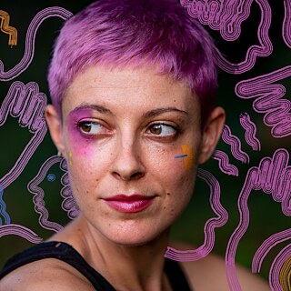 Portrait of Rose Jaffe with purple hair and colorful line drawings on a dark, abstract background.