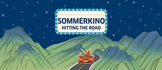 Sommerkino graphic featuring a red car heading down a highway in the mountains underneath a sky full of stars