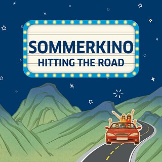 Sommerkino graphic featuring a red car heading down a highway in the mountains underneath a sky full of stars
