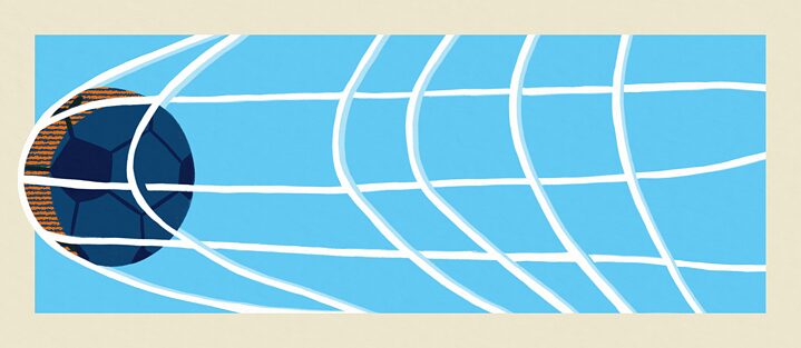 Grafik eines Balles, der links im Bild von einem weißen Tornetz aufgefangen wird, aber das Netz deutlich nach außen zieht. Blauer Hintergrund 